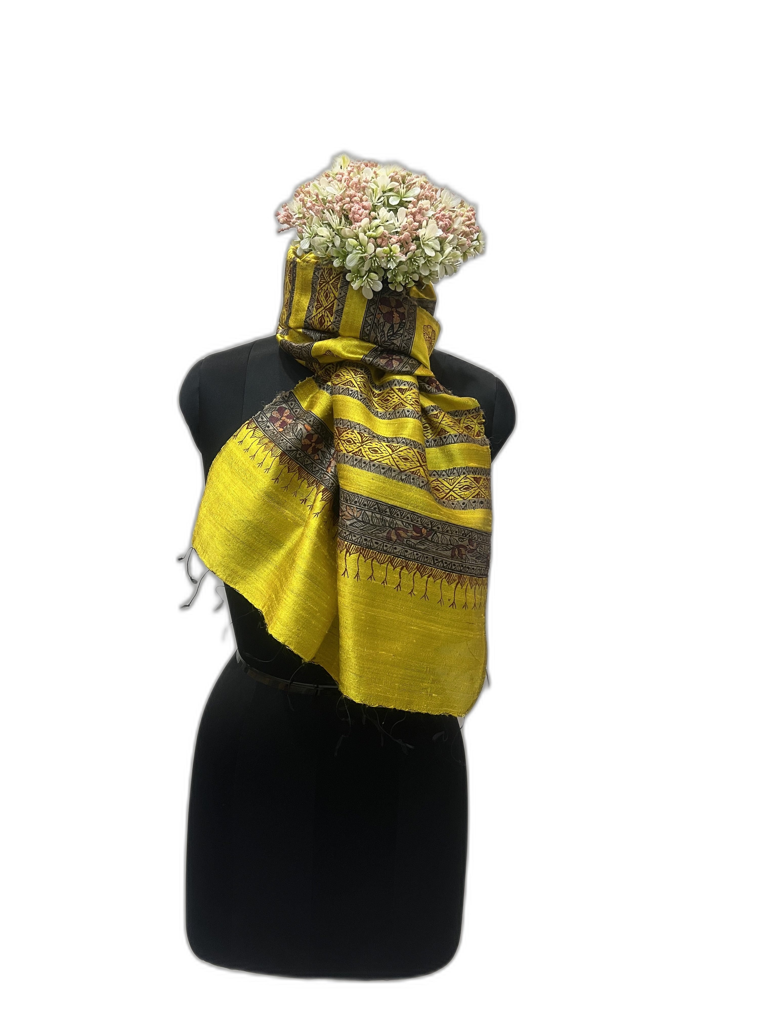 Madhubani Dupion Silk Stole in Yellow with Ghicha Stripes
